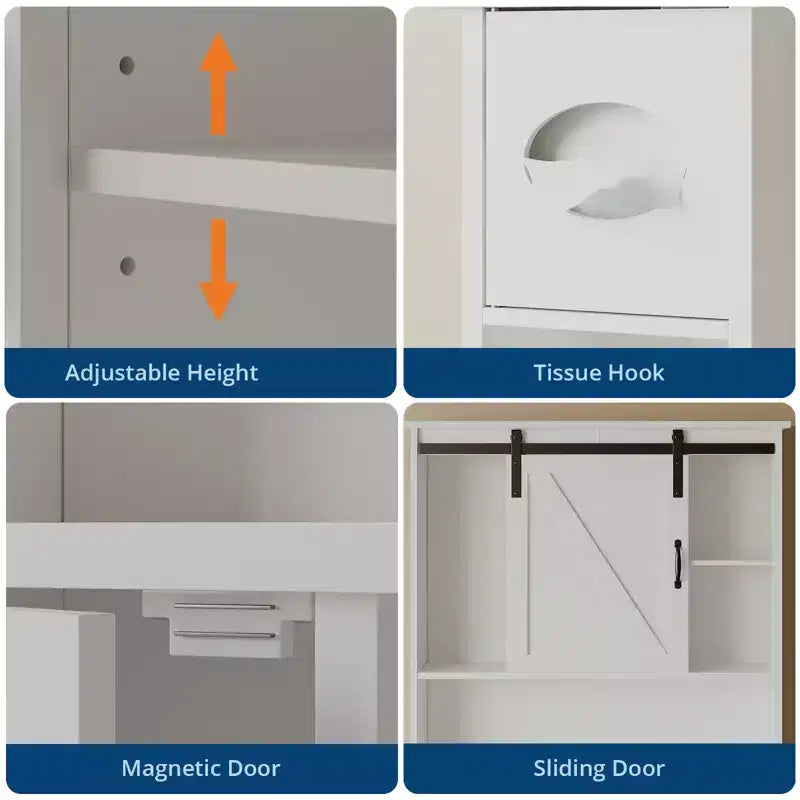 Over The Toilet Storage Cabinet, Double Door Bathroom Organizer with Adjustable Shelves & Toilet Paper Holder for Bathroom Space Saving White
