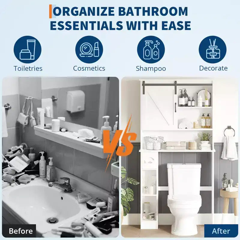 Over The Toilet Storage Cabinet, Double Door Bathroom Organizer with Adjustable Shelves & Toilet Paper Holder for Bathroom Space Saving White