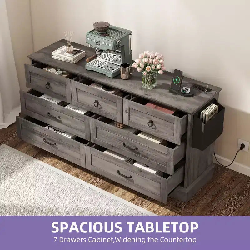 59inche Wide Farmhouse 7 Drawers Dresser Wood Rustic Drawers with Nice Texture Vintage Design Storage Dressers Organizer