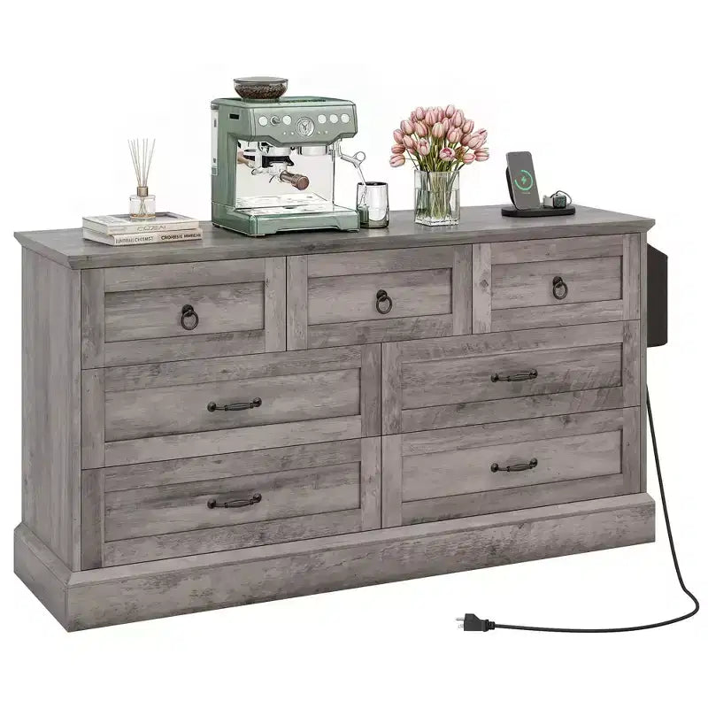 59inche Wide Farmhouse 7 Drawers Dresser Wood Rustic Drawers with Nice Texture Vintage Design Storage Dressers Organizer