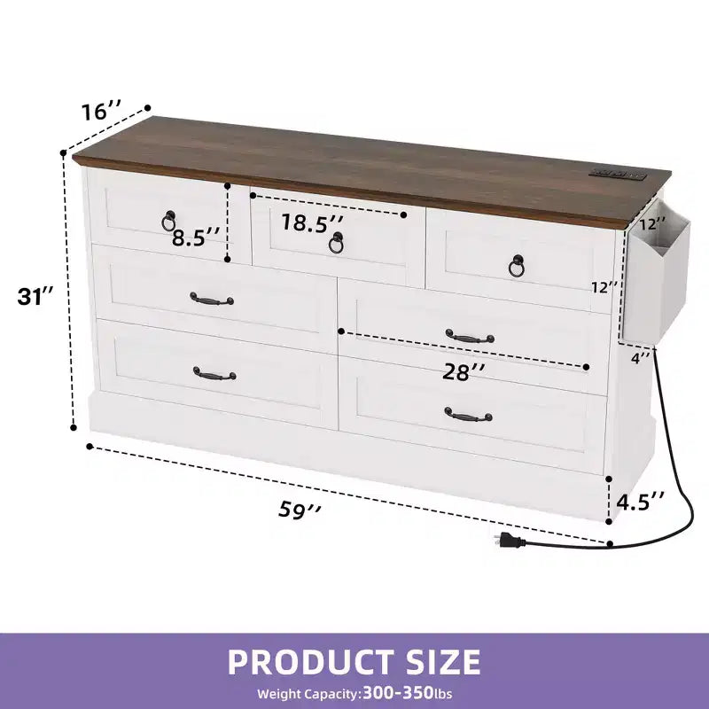 59inche Wide Farmhouse 7 Drawers Dresser Wood Rustic Drawers with Nice Texture Vintage Design Storage Dressers Organizer