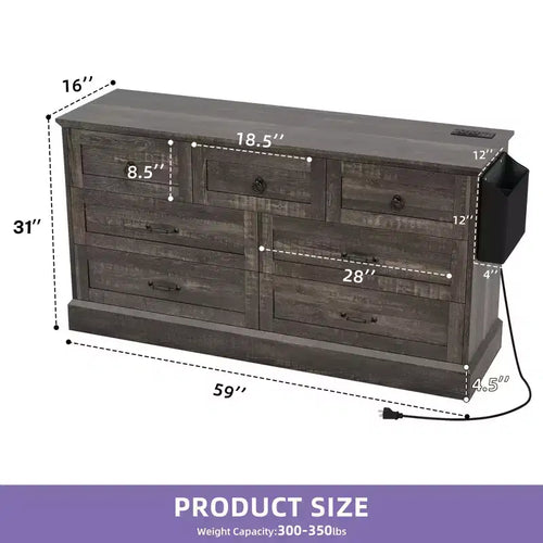 59inche Wide Farmhouse 7 Drawers Dresser Wood Rustic Drawers with Nice Texture Vintage Design Storage Dressers Organizer