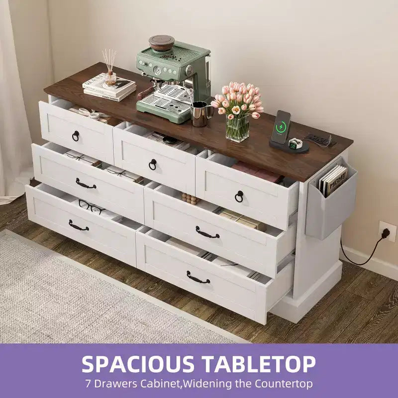 59inche Wide Farmhouse 7 Drawers Dresser Wood Rustic Drawers with Nice Texture Vintage Design Storage Dressers Organizer