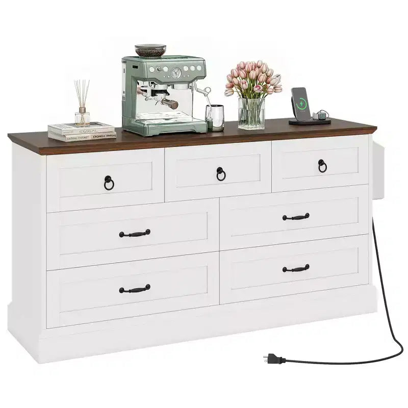 59inche Wide Farmhouse 7 Drawers Dresser Wood Rustic Drawers with Nice Texture Vintage Design Storage Dressers Organizer