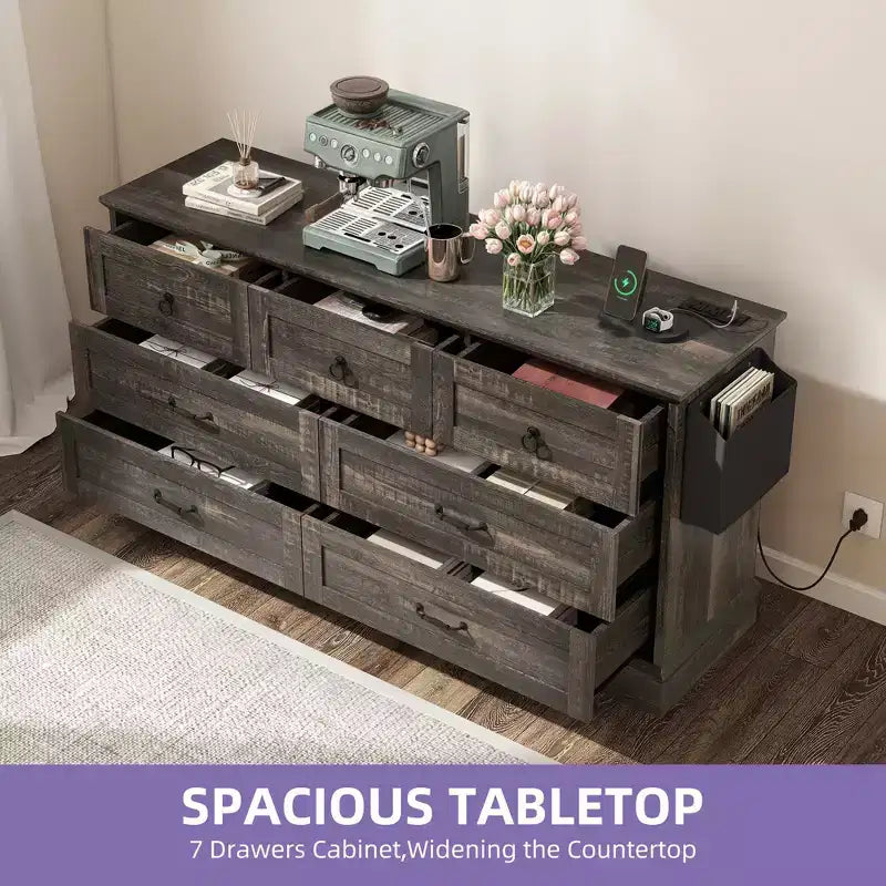 59inche Wide Farmhouse 7 Drawers Dresser Wood Rustic Drawers with Nice Texture Vintage Design Storage Dressers Organizer