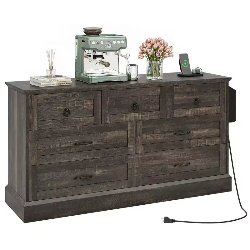 59inche Wide Farmhouse 7 Drawers Dresser Wood Rustic Drawers with Nice Texture Vintage Design Storage Dressers Organizer