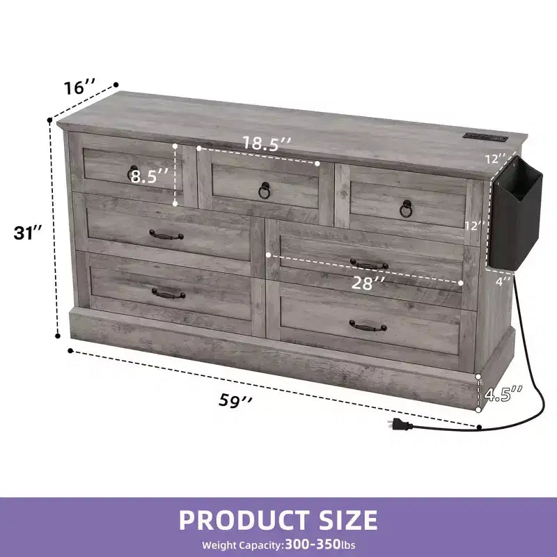 59inche Wide Farmhouse 7 Drawers Dresser Wood Rustic Drawers with Nice Texture Vintage Design Storage Dressers Organizer