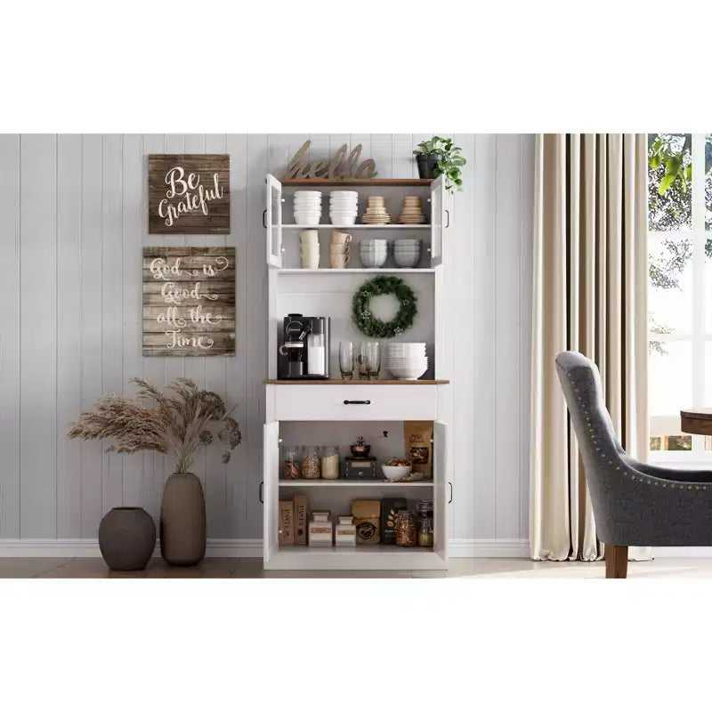70 Tall Kitchen Pantry Cabinet with Microwave Stand&Coffee Bar Wooden Freestanding Hutch with 4 Doors & Adjustable Shelves for Dining Room