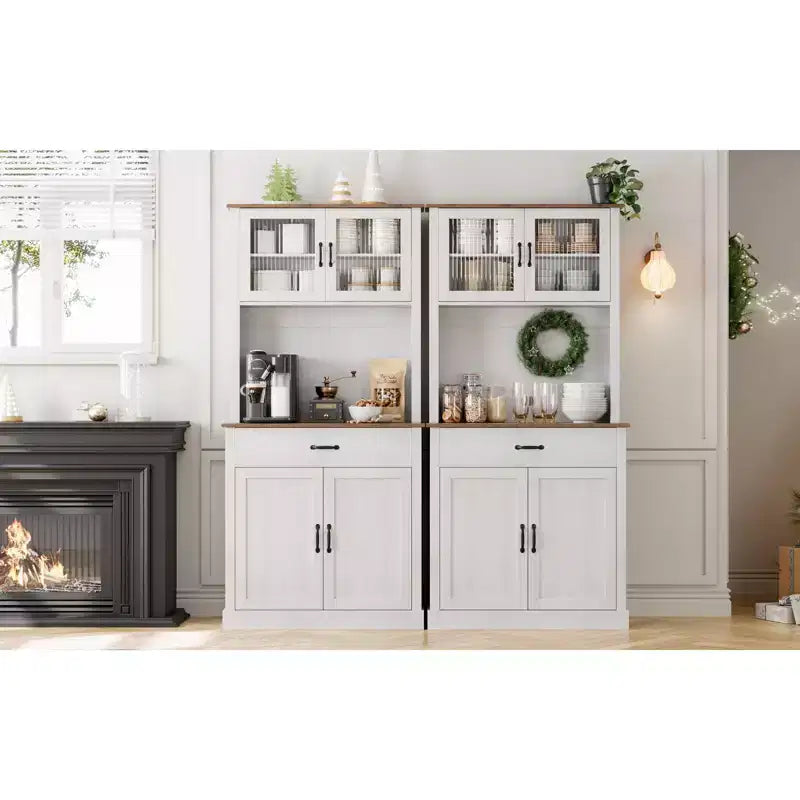 70 Tall Kitchen Pantry Cabinet with Microwave Stand&Coffee Bar Wooden Freestanding Hutch with 4 Doors & Adjustable Shelves for Dining Room