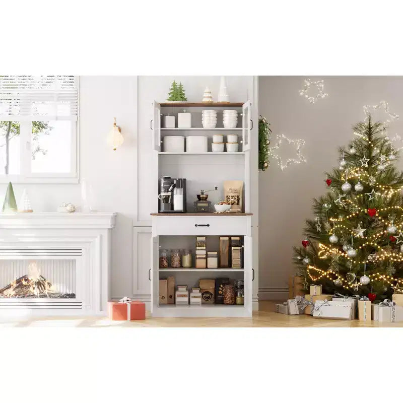 70 Tall Kitchen Pantry Cabinet with Microwave Stand&Coffee Bar Wooden Freestanding Hutch with 4 Doors & Adjustable Shelves for Dining Room