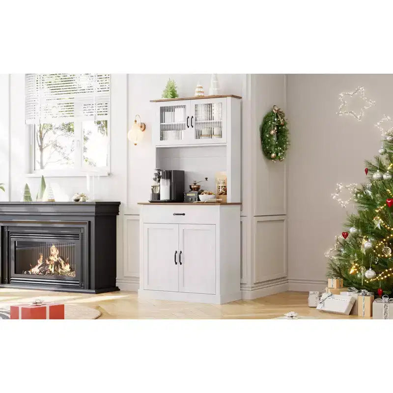 70 Tall Kitchen Pantry Cabinet with Microwave Stand&Coffee Bar Wooden Freestanding Hutch with 4 Doors & Adjustable Shelves for Dining Room