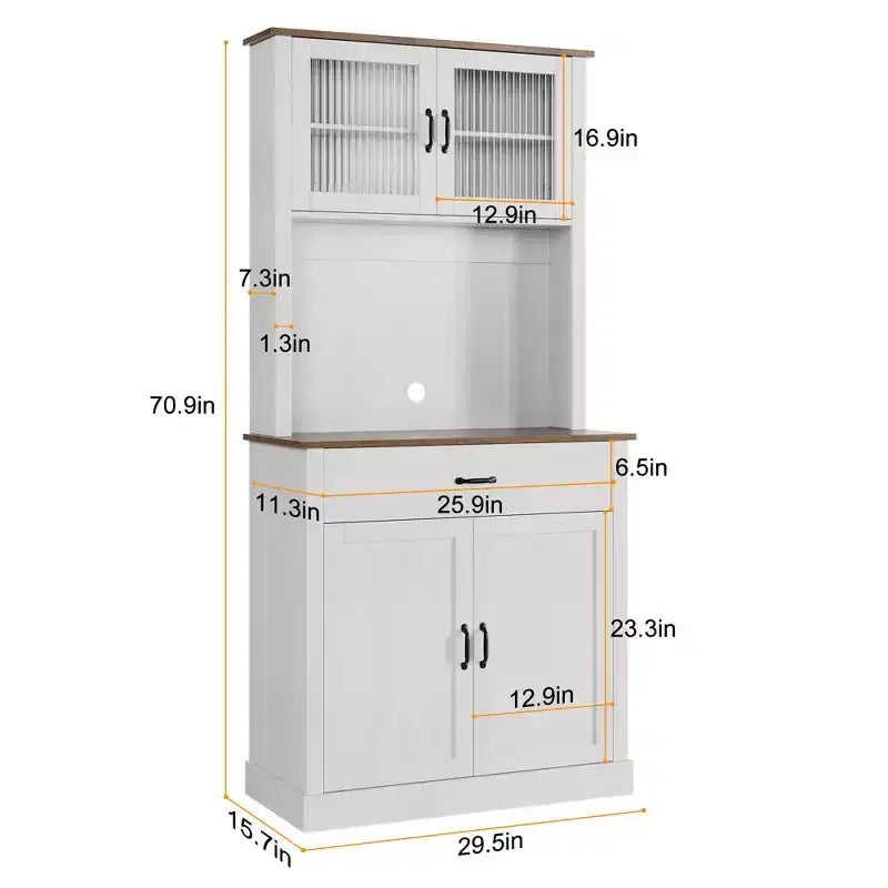 70 Tall Kitchen Pantry Cabinet with Microwave Stand&Coffee Bar Wooden Freestanding Hutch with 4 Doors & Adjustable Shelves for Dining Room