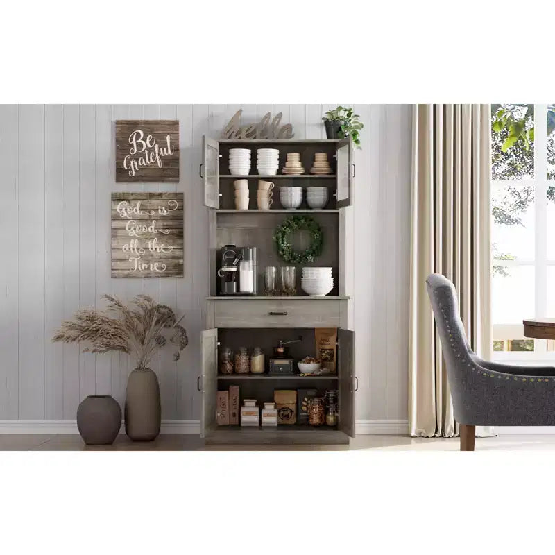 70 Tall Kitchen Pantry Cabinet with Microwave Stand&Coffee Bar Wooden Freestanding Hutch with 4 Doors & Adjustable Shelves for Dining Room
