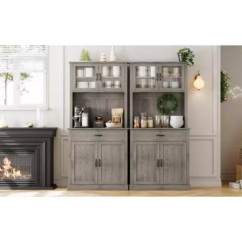 70 Tall Kitchen Pantry Cabinet with Microwave Stand&Coffee Bar Wooden Freestanding Hutch with 4 Doors & Adjustable Shelves for Dining Room