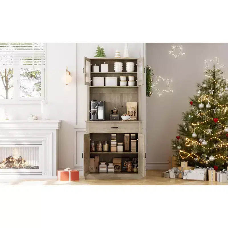 70 Tall Kitchen Pantry Cabinet with Microwave Stand&Coffee Bar Wooden Freestanding Hutch with 4 Doors & Adjustable Shelves for Dining Room