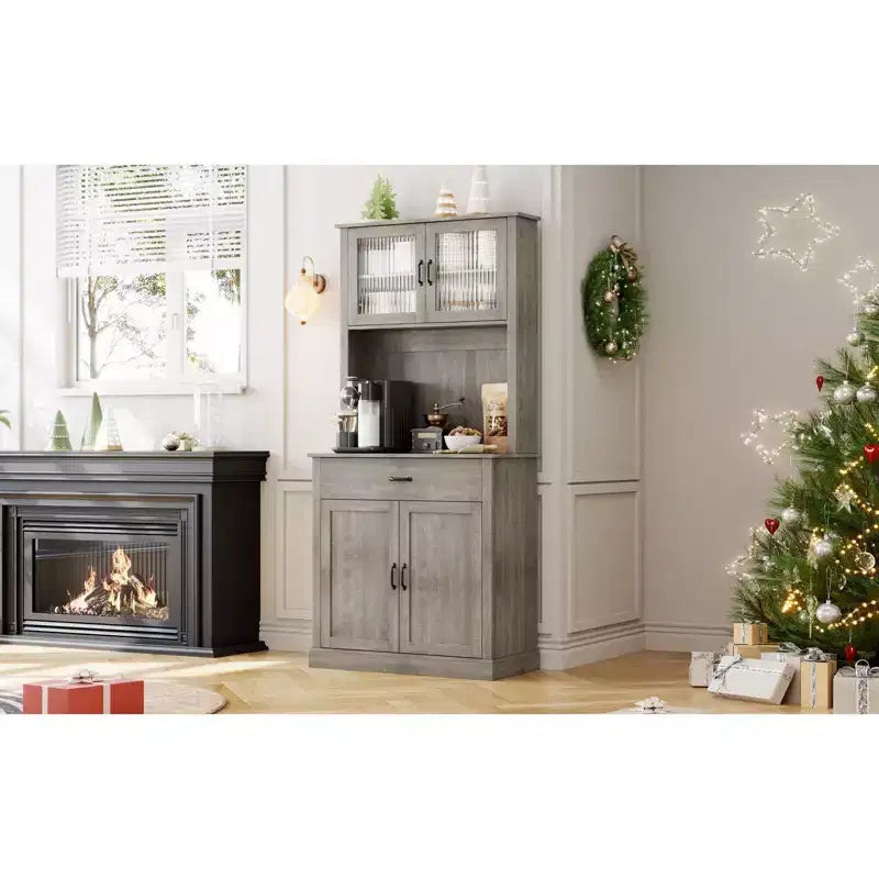 70 Tall Kitchen Pantry Cabinet with Microwave Stand&Coffee Bar Wooden Freestanding Hutch with 4 Doors & Adjustable Shelves for Dining Room