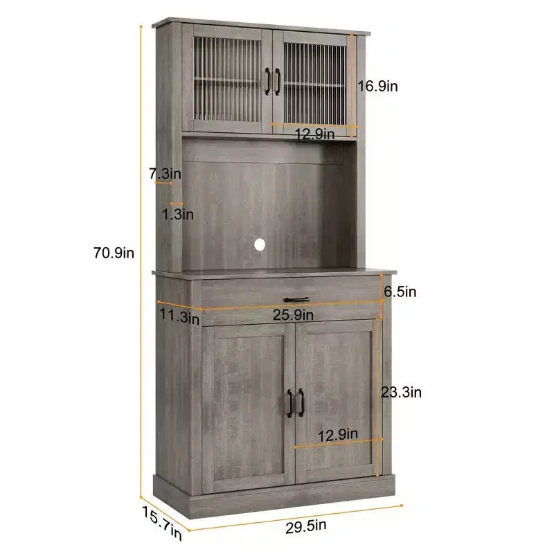 70 Tall Kitchen Pantry Cabinet with Microwave Stand&Coffee Bar Wooden Freestanding Hutch with 4 Doors & Adjustable Shelves for Dining Room