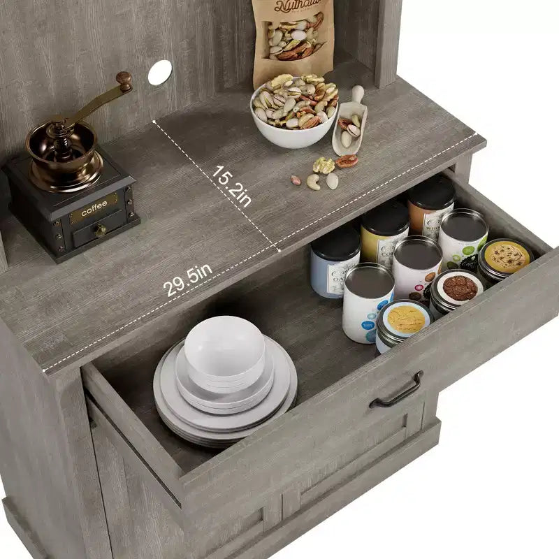 70 Tall Kitchen Pantry Cabinet with Microwave Stand&Coffee Bar Wooden Freestanding Hutch with 4 Doors & Adjustable Shelves for Dining Room