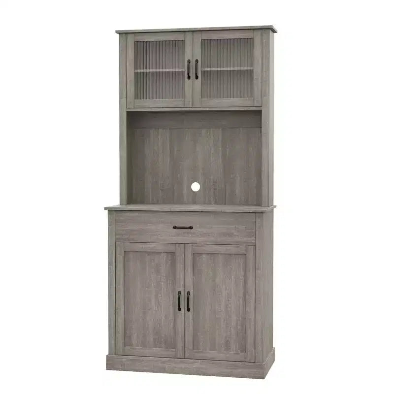 70 Tall Kitchen Pantry Cabinet with Microwave Stand&Coffee Bar Wooden Freestanding Hutch with 4 Doors & Adjustable Shelves for Dining Room
