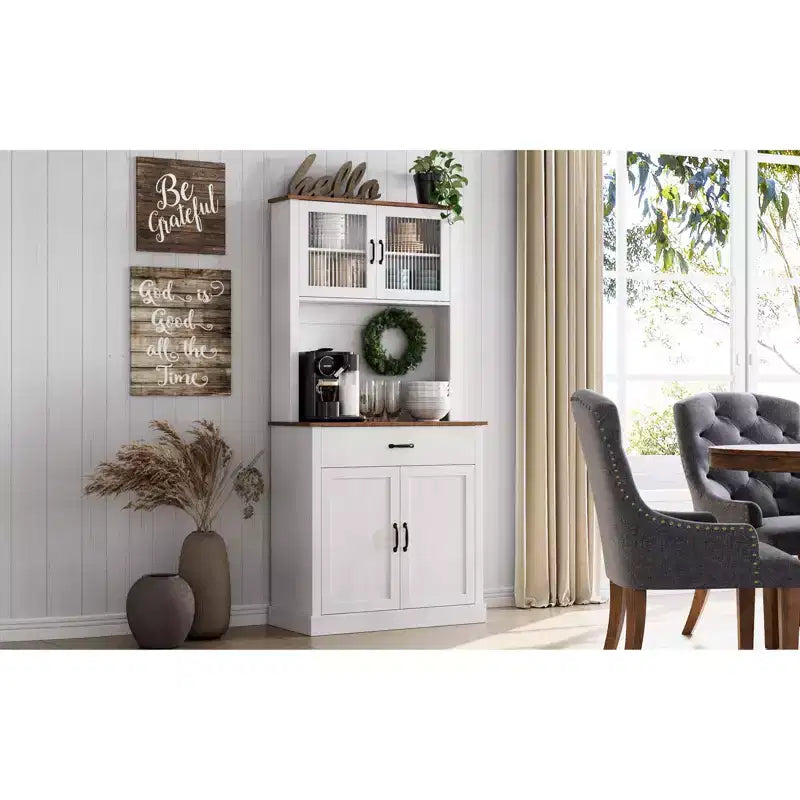 70 Tall Kitchen Pantry Cabinet with Microwave Stand&Coffee Bar Wooden Freestanding Hutch with 4 Doors & Adjustable Shelves for Dining Room