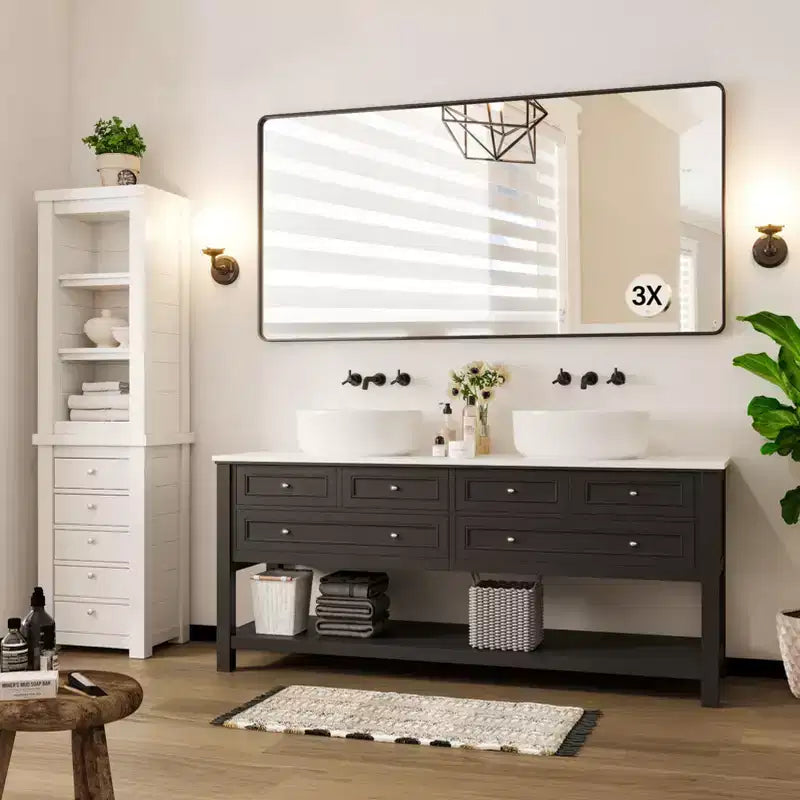 72 x 36 Black Metal Framed Bathroom Mirror Rounded Rectangle Vanity Mirror with 3X Magnifying Glass for Over Sink (Hangs Horizontally/Vertically