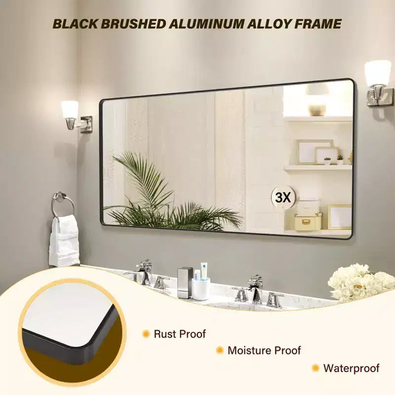 72 x 36 Black Metal Framed Bathroom Mirror Rounded Rectangle Vanity Mirror with 3X Magnifying Glass for Over Sink (Hangs Horizontally/Vertically