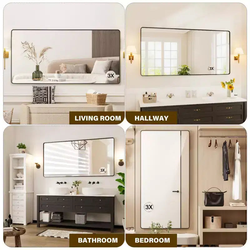 72 x 36 Black Metal Framed Bathroom Mirror Rounded Rectangle Vanity Mirror with 3X Magnifying Glass for Over Sink (Hangs Horizontally/Vertically