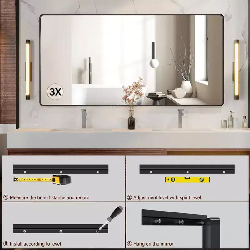 72 x 36 Black Metal Framed Bathroom Mirror Rounded Rectangle Vanity Mirror with 3X Magnifying Glass for Over Sink (Hangs Horizontally/Vertically