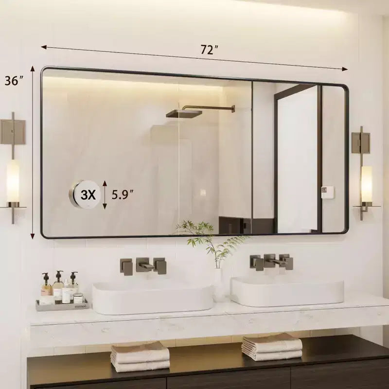 72 x 36 Black Metal Framed Bathroom Mirror Rounded Rectangle Vanity Mirror with 3X Magnifying Glass for Over Sink (Hangs Horizontally/Vertically