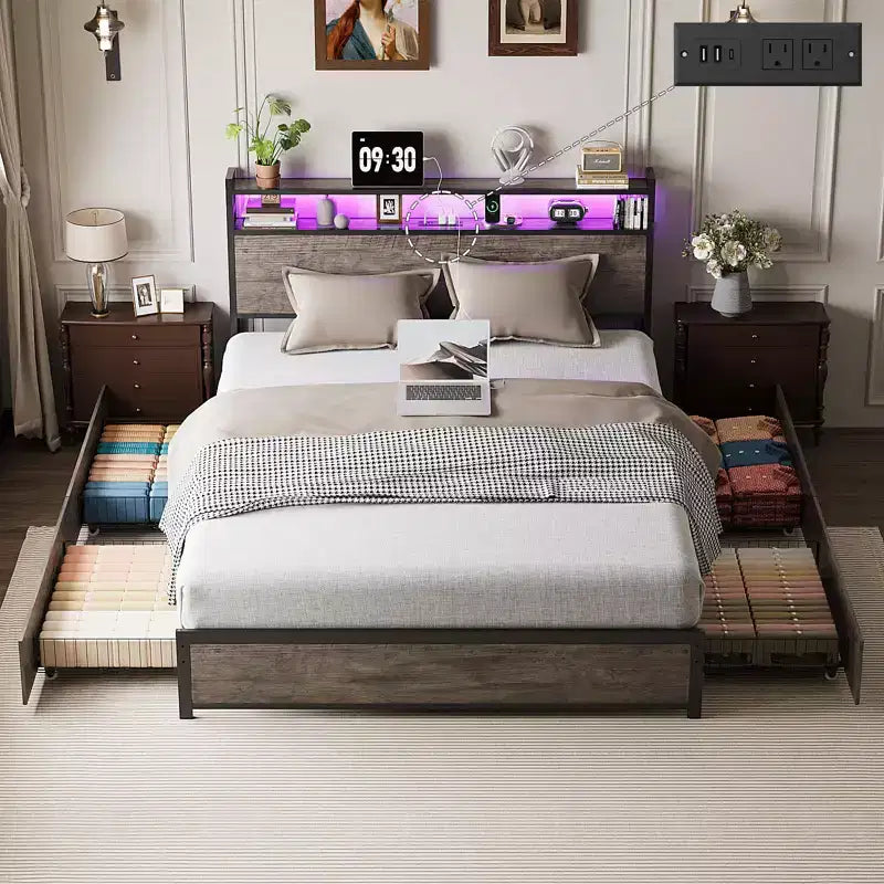Metal Platform with 4 Storage Drawers/Headboard/LED Lights/Charging Station, No Box Spring Needed, Easy Assembly, Wash Grey