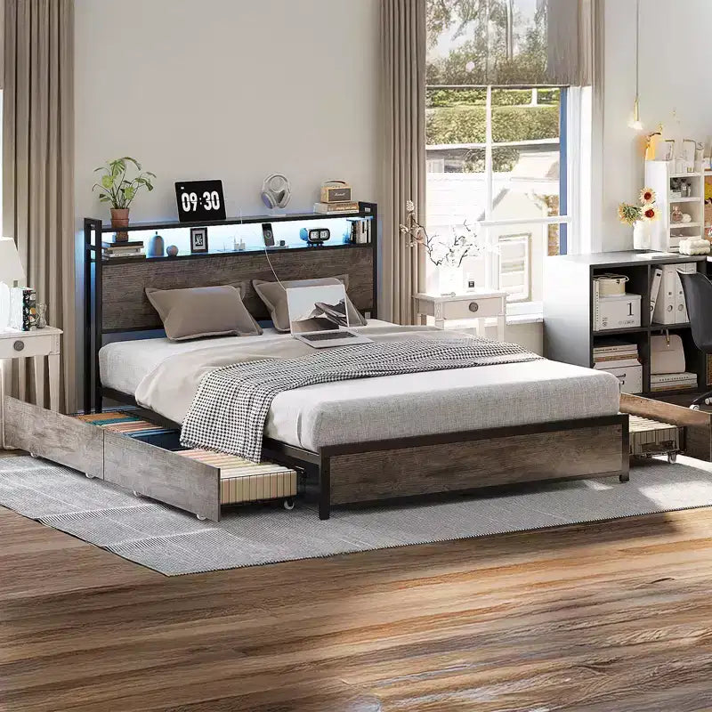 Metal Platform with 4 Storage Drawers/Headboard/LED Lights/Charging Station, No Box Spring Needed, Easy Assembly, Wash Grey
