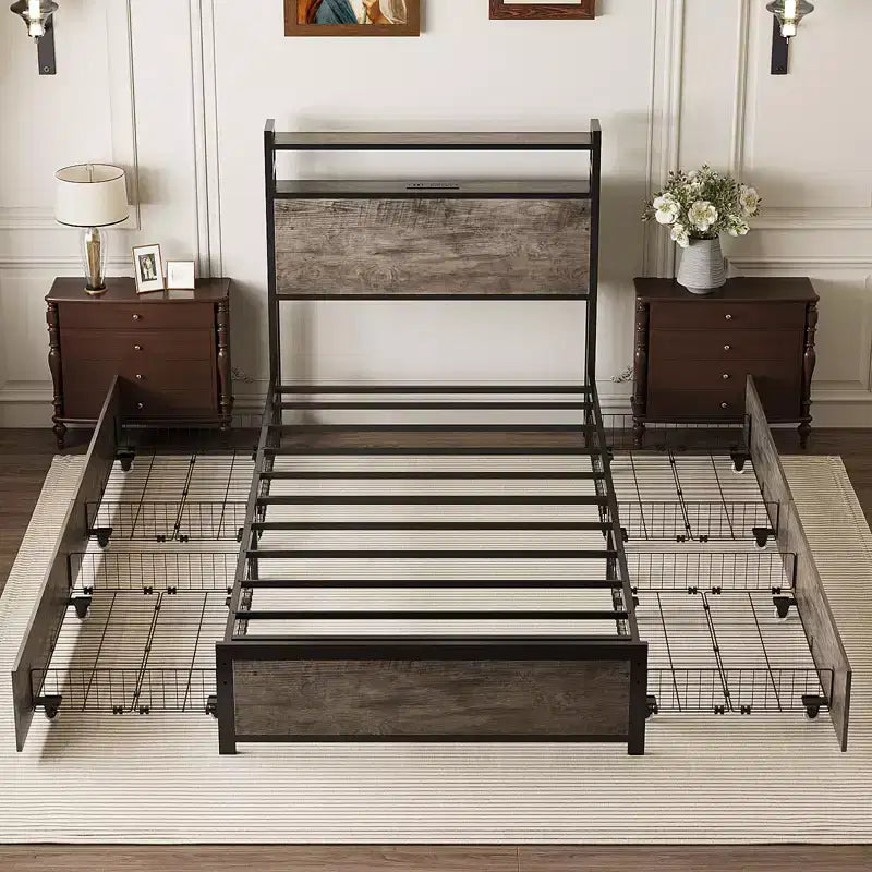 Metal Platform with 4 Storage Drawers/Headboard/LED Lights/Charging Station, No Box Spring Needed, Easy Assembly, Wash Grey