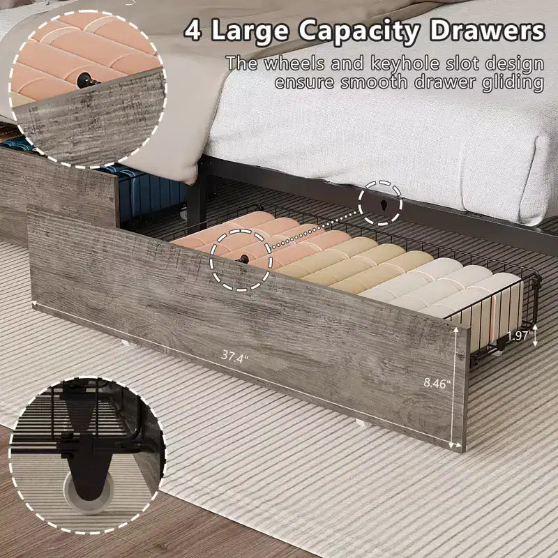 Metal Platform with 4 Storage Drawers/Headboard/LED Lights/Charging Station, No Box Spring Needed, Easy Assembly, Wash Grey