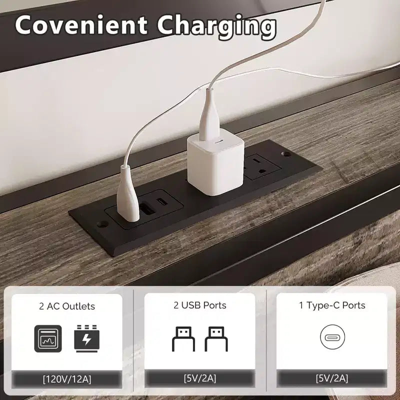 Metal Platform with 4 Storage Drawers/Headboard/LED Lights/Charging Station, No Box Spring Needed, Easy Assembly, Wash Grey