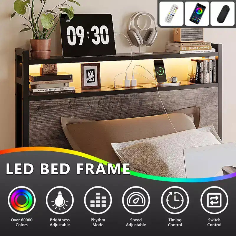 Metal Platform with 4 Storage Drawers/Headboard/LED Lights/Charging Station, No Box Spring Needed, Easy Assembly, Wash Grey