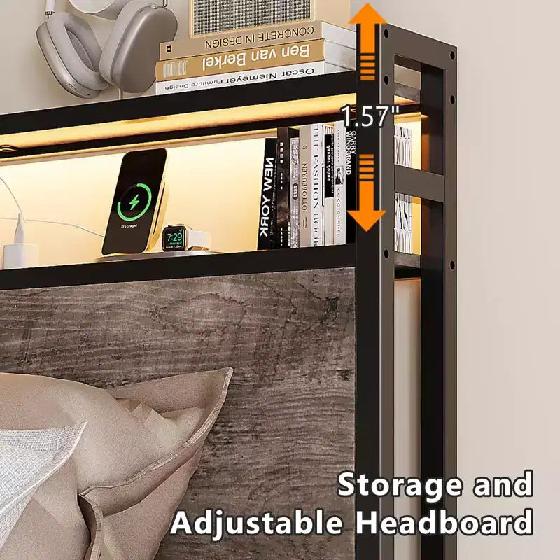 Metal Platform with 4 Storage Drawers/Headboard/LED Lights/Charging Station, No Box Spring Needed, Easy Assembly, Wash Grey