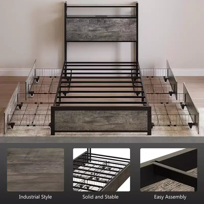 Metal Platform with 4 Storage Drawers/Headboard/LED Lights/Charging Station, No Box Spring Needed, Easy Assembly, Wash Grey