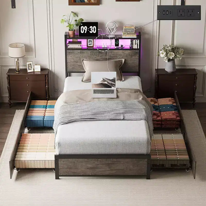 Metal Platform with 4 Storage Drawers/Headboard/LED Lights/Charging Station, No Box Spring Needed, Easy Assembly, Wash Grey