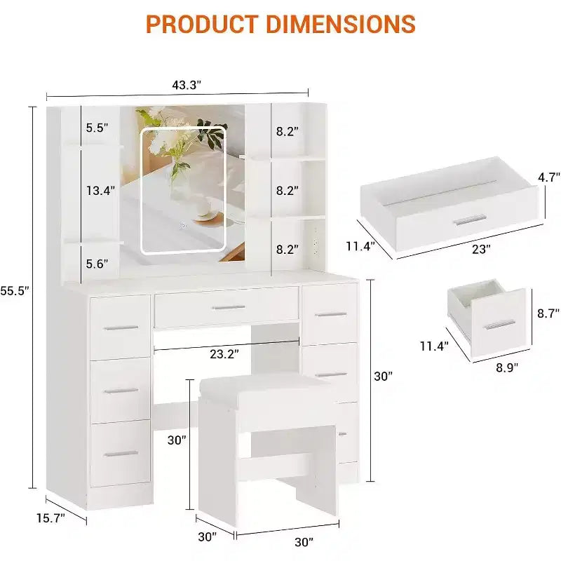 Vanity Desk with Mirror and Chair, Makeup Vanity Table with 7 Drawers and 6 Storage Shelves Dressing Table for Bedroom Dressing Room