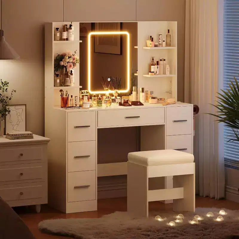 Vanity Desk with Mirror and Chair, Makeup Vanity Table with 7 Drawers and 6 Storage Shelves Dressing Table for Bedroom Dressing Room