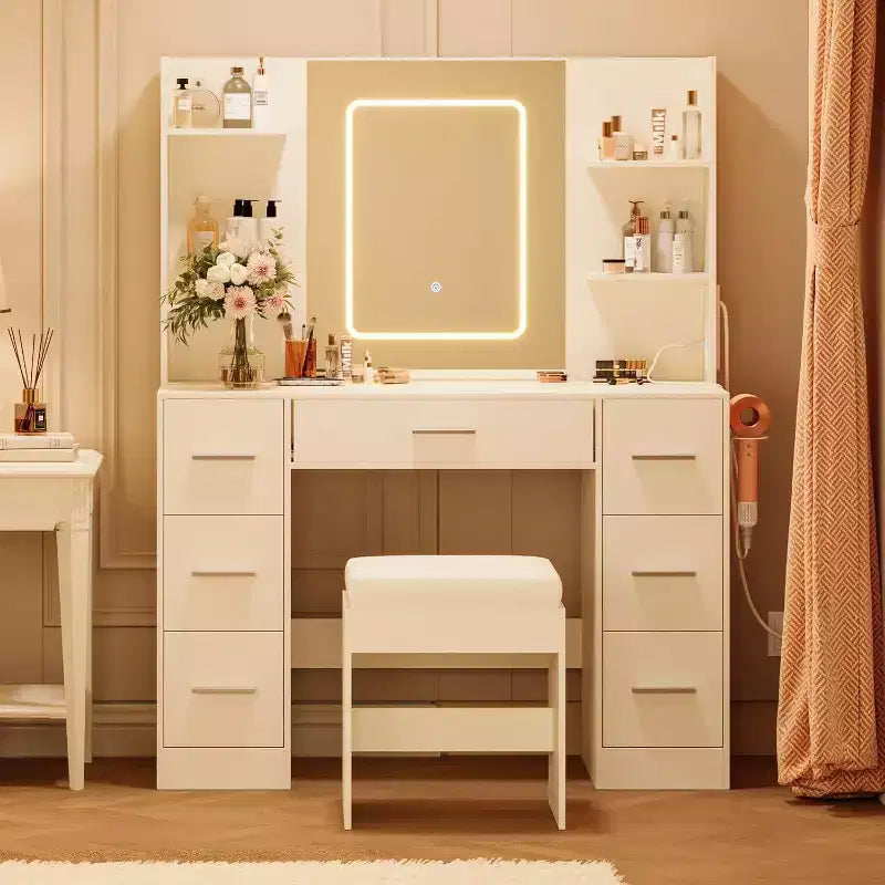 Vanity Desk with Mirror and Chair, Makeup Vanity Table with 7 Drawers and 6 Storage Shelves Dressing Table for Bedroom Dressing Room