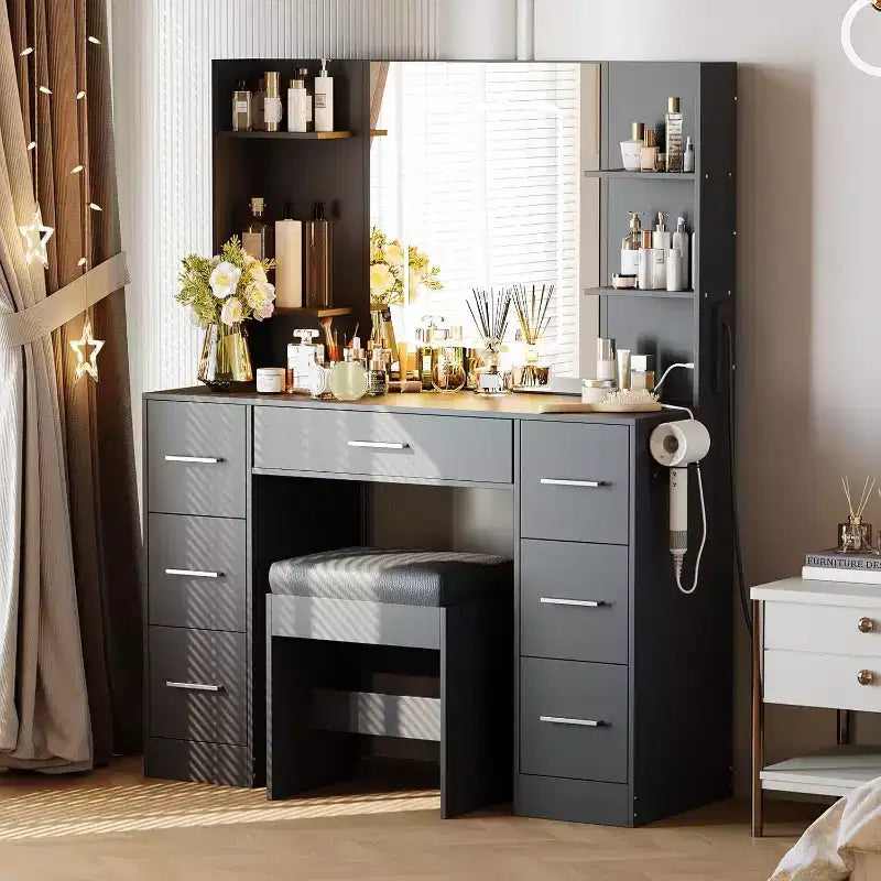 Vanity Desk with Mirror and Chair, Makeup Vanity Table with 7 Drawers and 6 Storage Shelves Dressing Table for Bedroom Dressing Room