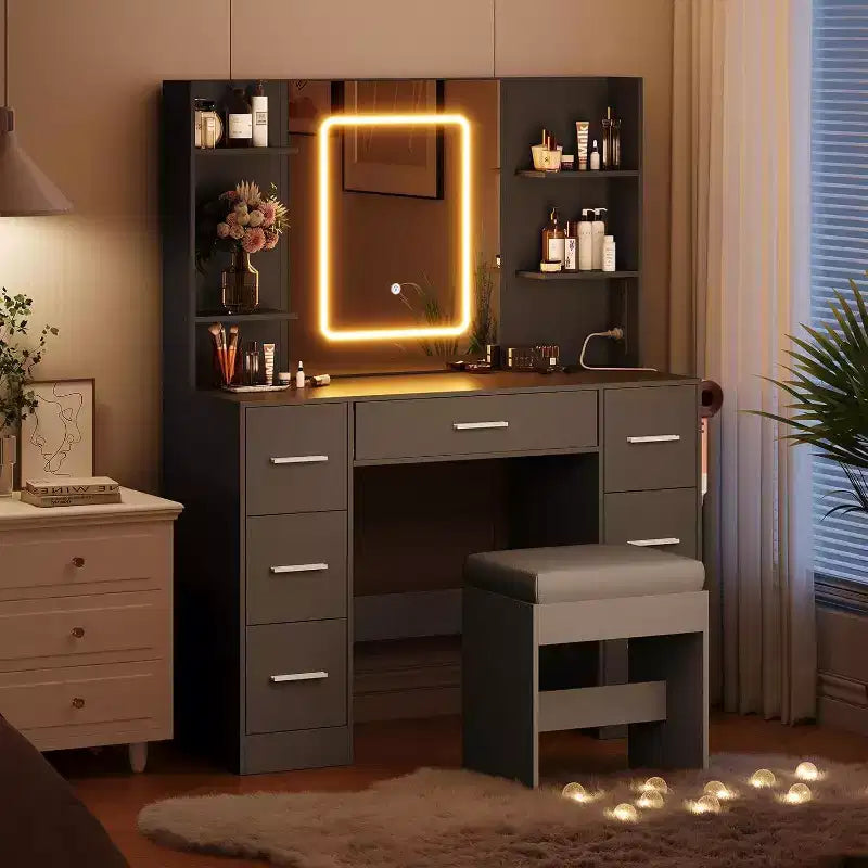 Vanity Desk with Mirror and Chair, Makeup Vanity Table with 7 Drawers and 6 Storage Shelves Dressing Table for Bedroom Dressing Room