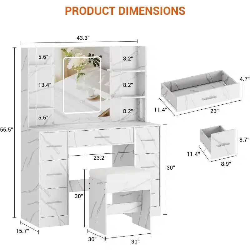 Vanity Desk with Mirror and Chair, Makeup Vanity Table with 7 Drawers and 6 Storage Shelves Dressing Table for Bedroom Dressing Room