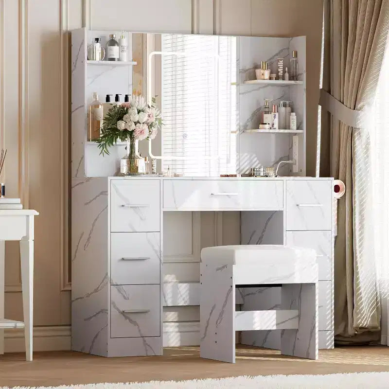 Vanity Desk with Mirror and Chair, Makeup Vanity Table with 7 Drawers and 6 Storage Shelves Dressing Table for Bedroom Dressing Room