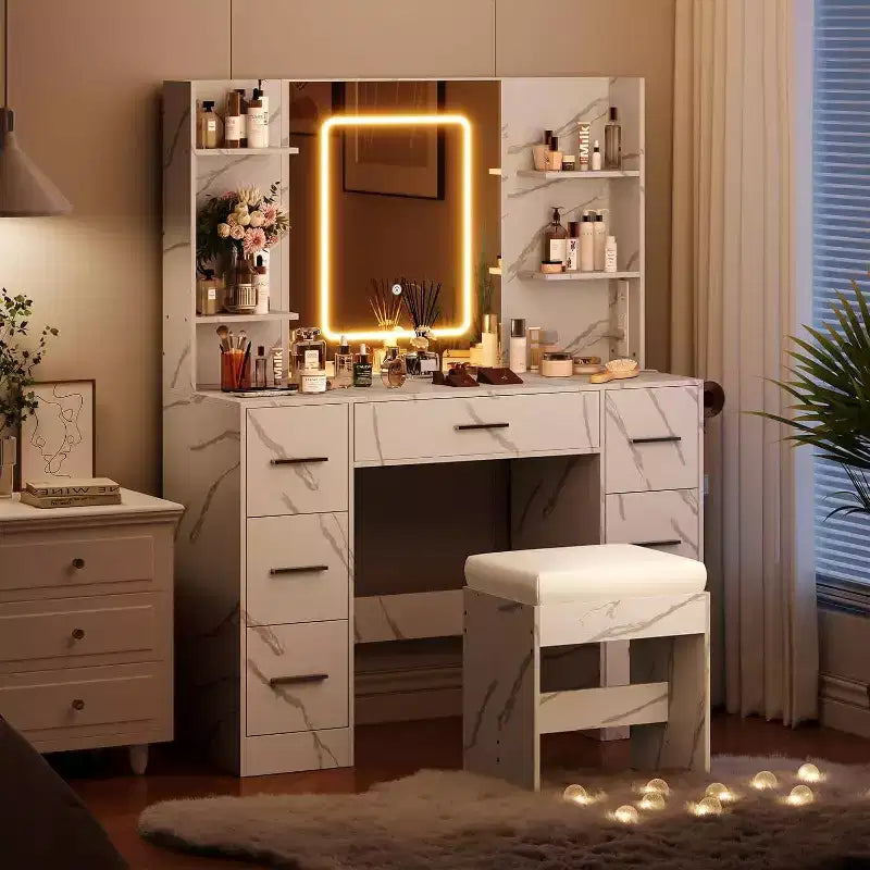 Vanity Desk with Mirror and Chair, Makeup Vanity Table with 7 Drawers and 6 Storage Shelves Dressing Table for Bedroom Dressing Room
