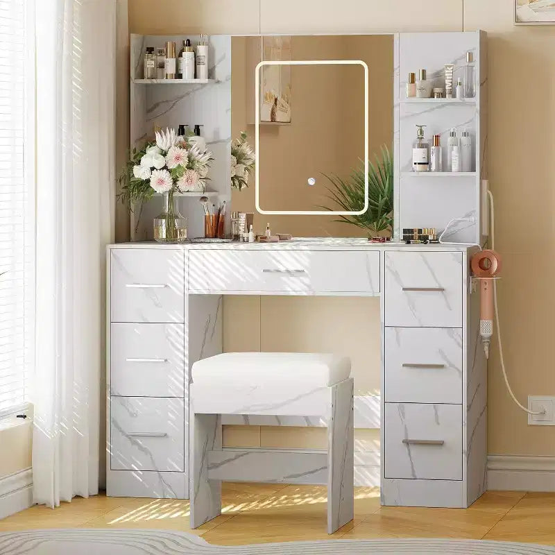 Vanity Desk with Mirror and Chair, Makeup Vanity Table with 7 Drawers and 6 Storage Shelves Dressing Table for Bedroom Dressing Room