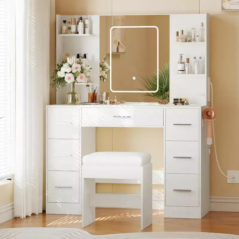 Vanity Desk with Mirror and Chair, Makeup Vanity Table with 7 Drawers and 6 Storage Shelves Dressing Table for Bedroom Dressing Room